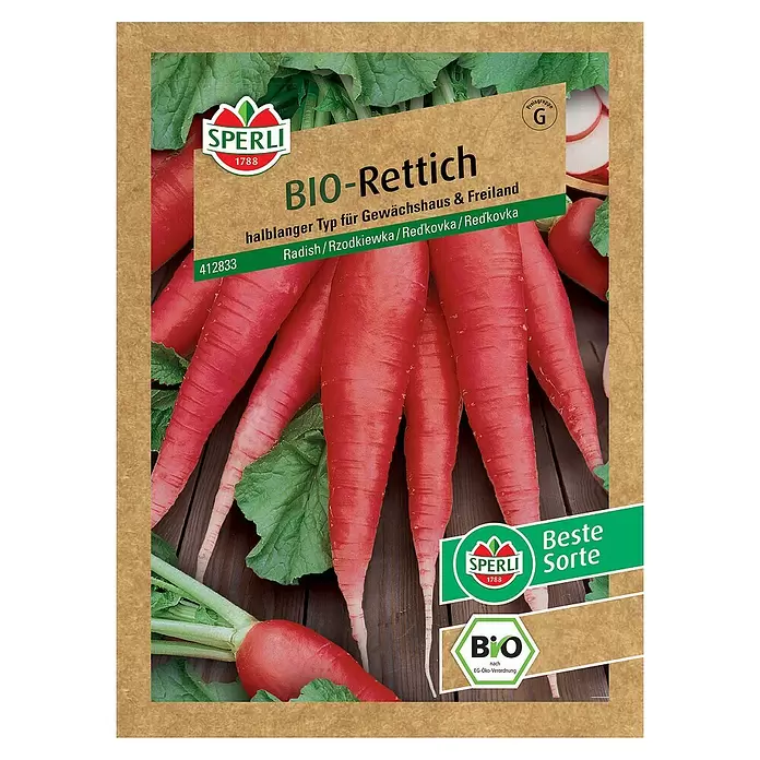 Sperli Gemüsesamen BIO Rettich - Raphanus sativus, Erntezeit: Mai - Vorderansicht
