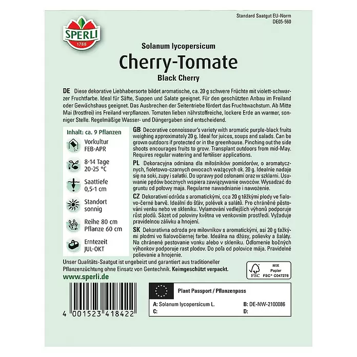Sperli Gemüsesamen Cherry-Tomate Black Cherry - Solanum lycopersicum, Erntezeit: Juli - Rückansicht