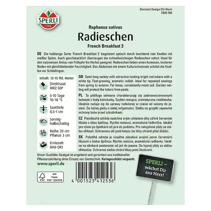 Sperli Gemüsesamen Radieschen French Breakfast 3 - Raphanus sativus, Erntezeit: Mai - Rückansicht