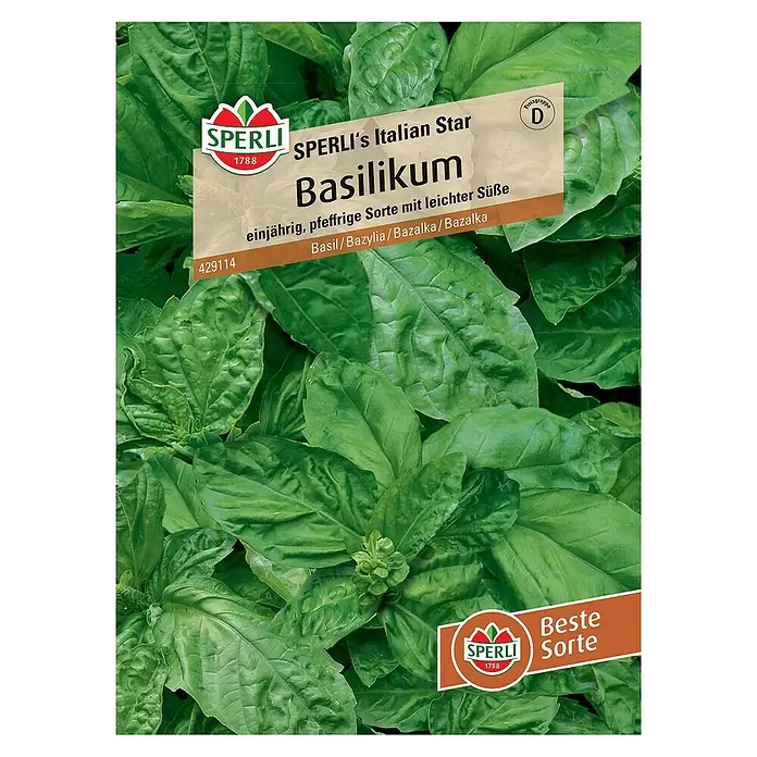 Sperli Kräutersamen Basilikum - Ocimum basilicum, Saatzeit: Mai, Erntezeit: April - Vorderansicht