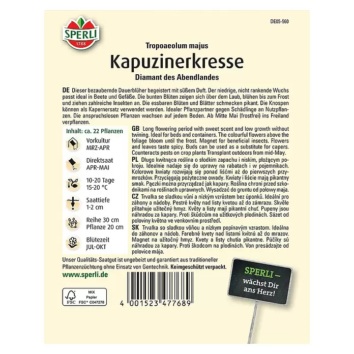 Sperli Kräutersamen Kapuzinerkresse - Tropaeolum majus, Saatzeit: April - Rückansicht