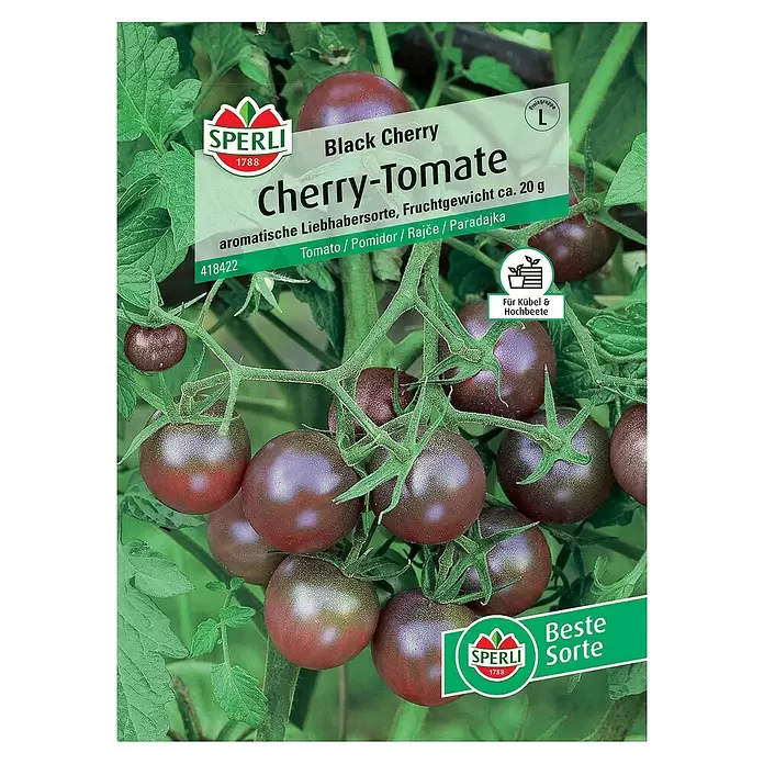 Sperli Gemüsesamen Cherry-Tomate Black Cherry - Solanum lycopersicum, Erntezeit: Juli - Vorderansicht