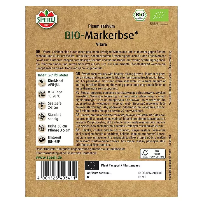Sperli Gemüsesamen BIO Markerbse - Pisum sativum, Erntezeit: Juni - Rückansicht