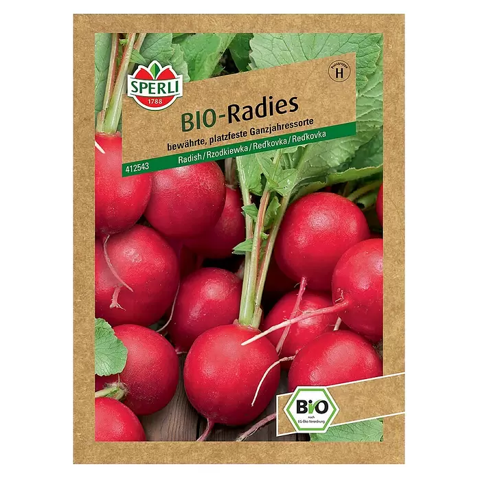 Sperli Gemüsesamen BIO Radies - Raphanus sativus, Erntezeit: April - Vorderansicht