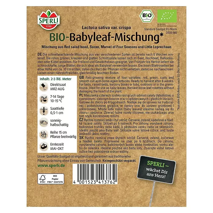 Sperli Salatsamenmischung BIO Babyleaf - Lactuca sativa var. crispa, Erntezeit: Mai - Rückansicht