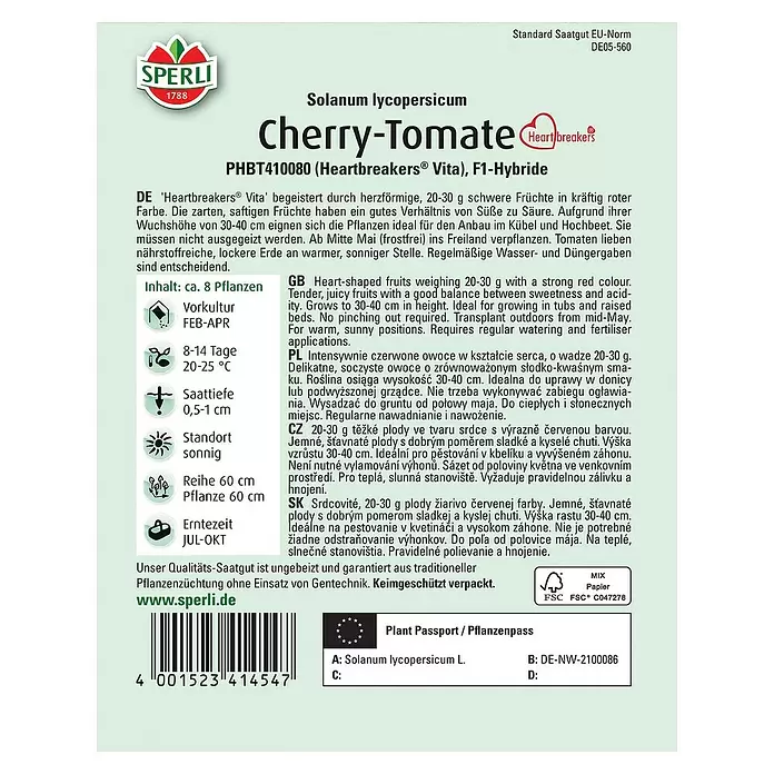 Sperli Gemüsesamen Cherry Tomate Heartbreakers Vita - Solanum lycopersicum, Erntezeit: Juli - Rückansicht