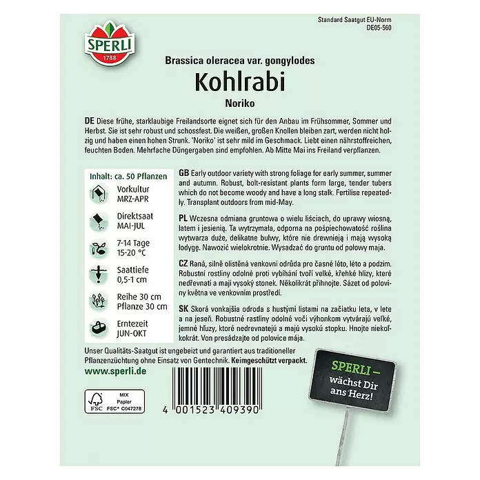 Sperli Gemüsesamen Kohlrabi - Brassica oleracea var. gongylodes, Erntezeit: Juni - Rückansicht