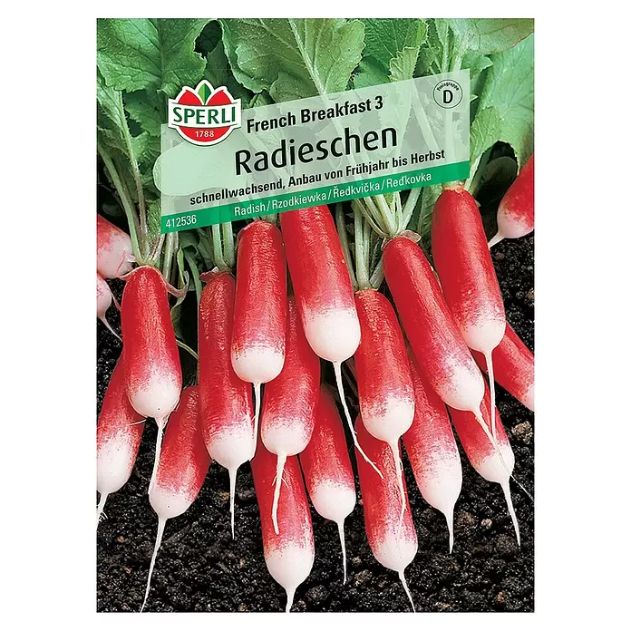 Sperli Gemüsesamen Radieschen French Breakfast 3 - Raphanus sativus, Erntezeit: Mai - Vorderansicht