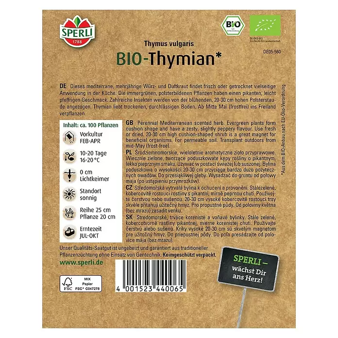Sperli Kräutersamen BIO Thymian - Thymus vulgaris, Saatzeit: April, Erntezeit: Ganzjährig - Rückansicht