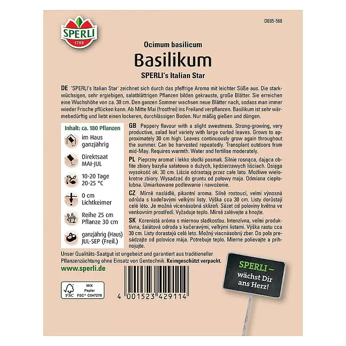 Sperli Kräutersamen Basilikum - Ocimum basilicum, Saatzeit: Mai, Erntezeit: April - Rückansicht