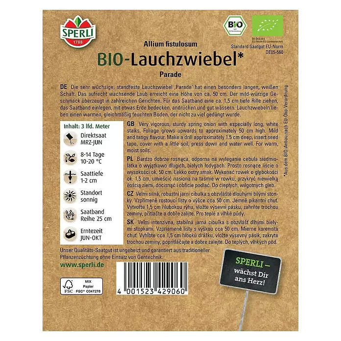 Sperli Gemüsesamen BIO Lauchzwiebel - Allium fistulosum, Erntezeit: Juni - Rückansicht