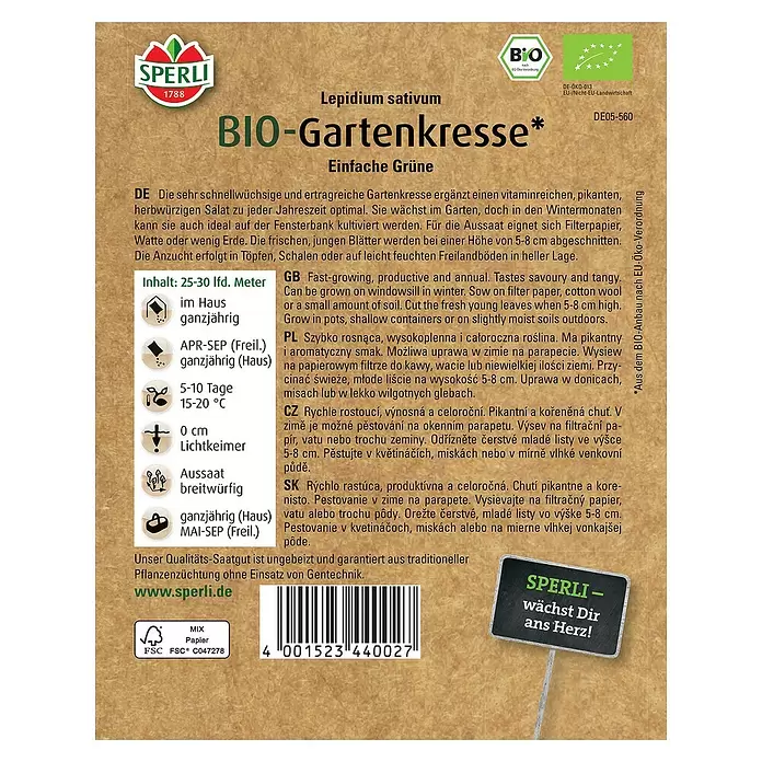 Sperli Saatgut BIO Gartenkresse - Lepidium sativum - Rückansicht