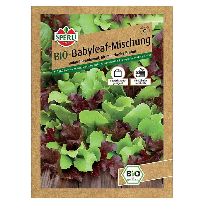 Sperli Salatsamenmischung BIO Babyleaf - Lactuca sativa var. crispa, Erntezeit: Mai - Vorderansicht