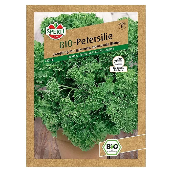 Sperli Kräutersamen BIO Petersilie - Petroselinum crispum var. crispum, Saatzeit: April, Erntezeit: Ganzjährig - Vorderansicht