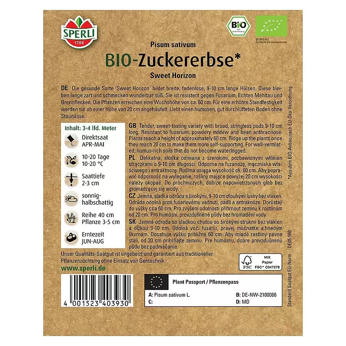Sperli Gemüsesamen BIO Zuckererbse - Pisum sativum, Erntezeit: Juni - Rückansicht