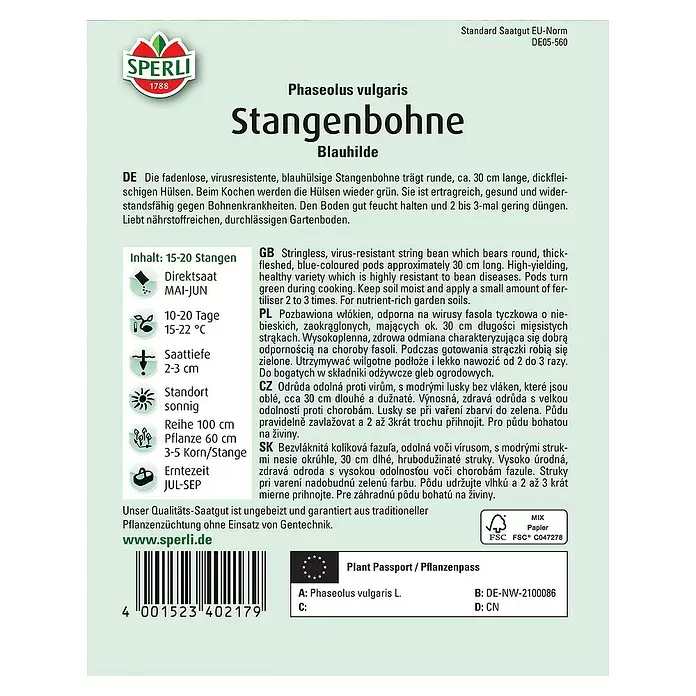 Sperli Gemüsesamen Stangenbohne Blauhilde - Phaseolus vulgaris, Erntezeit: Juli - Rückansicht