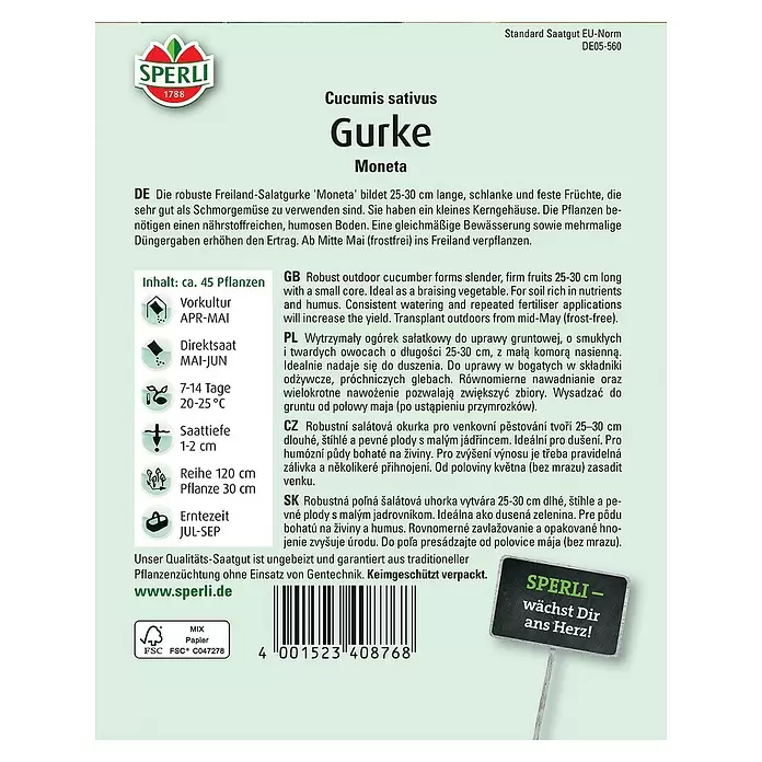 Sperli Gemüsesamen Salatgurke - Moneta, Cucumis sativus, Erntezeit: Juli - Rückansicht
