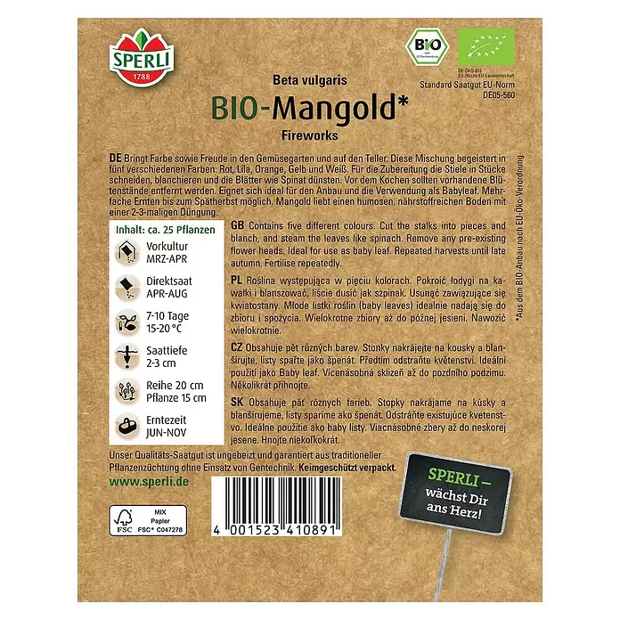 Sperli Gemüsesamen BIO Mangold - Beta vulgaris, Erntezeit: Juni - Rückansicht