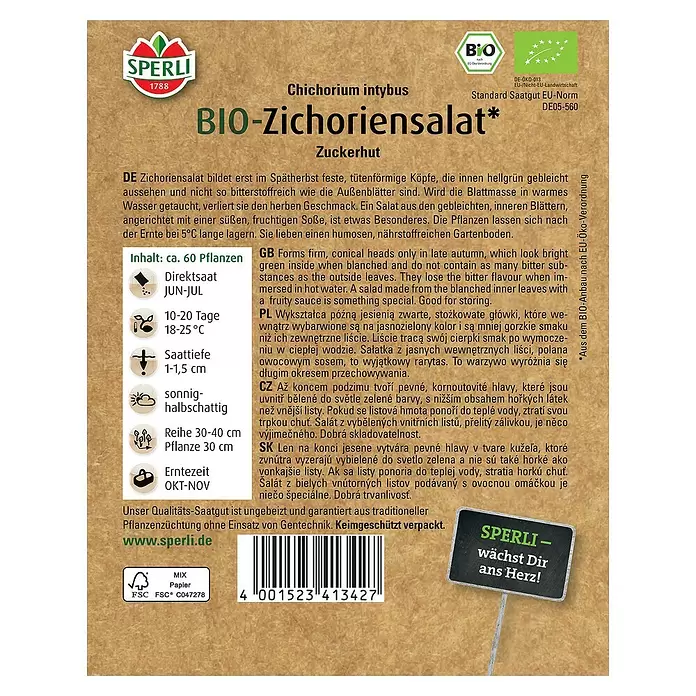 Sperli Salatsamen BIO Zichoriensalat - Chichorium intybus, Erntezeit: Oktober - Rückansicht