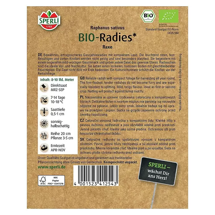 Sperli Gemüsesamen BIO Radies - Raphanus sativus, Erntezeit: April - Rückansicht