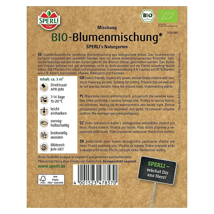 Sperli Blumensamenmischung BIO - Verschiedene sorten, 3 m² - Rückansicht