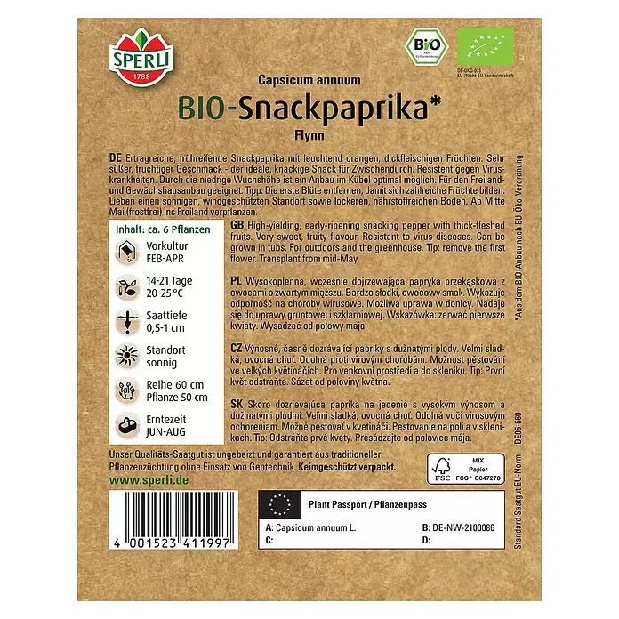 Sperli Gemüsesamen BIO Snackpaprika - Capsicum annuum, Erntezeit: Juni - Rückansicht