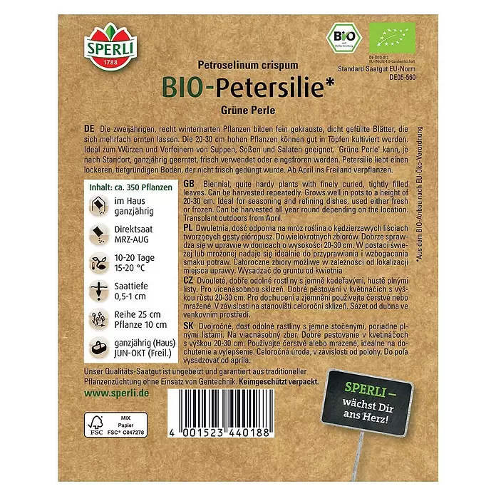 Sperli Kräutersamen BIO Petersilie - Petroselinum crispum var. crispum, Saatzeit: April, Erntezeit: Ganzjährig - Rückansicht