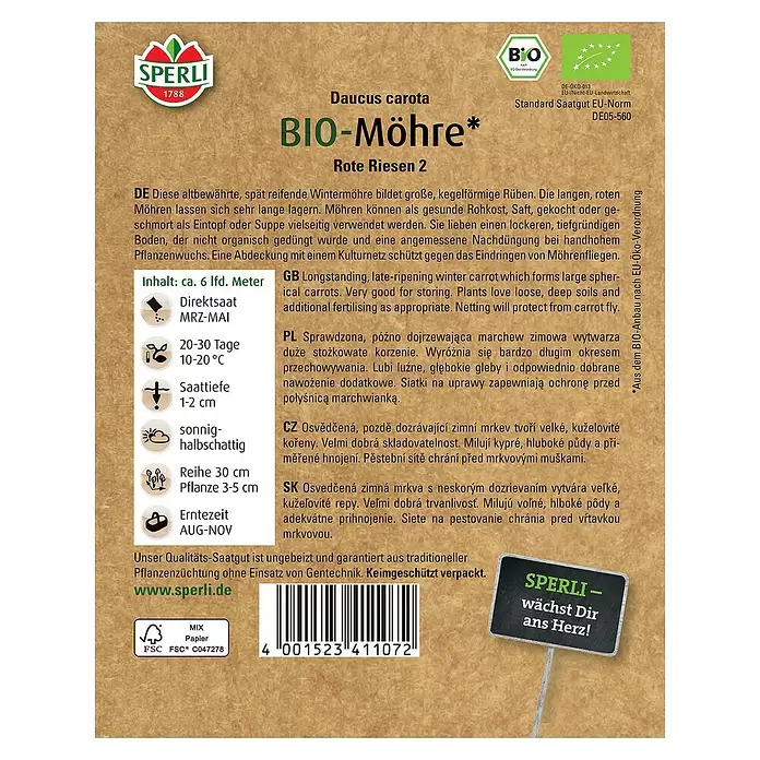 Sperli Gemüsesamen BIO Möhre - Daucus carota, Erntezeit: August - Rückansicht