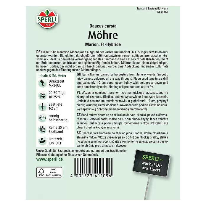 Sperli Gemüsesamen Möhre - Marion - Saatband, Daucus carota, Erntezeit: Juni - Rückansicht