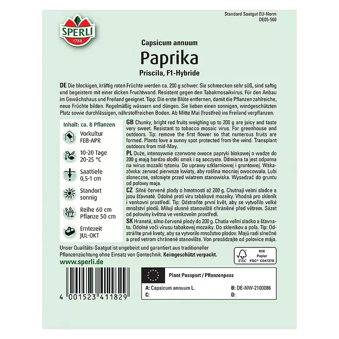 Sperli Gemüsesamen Paprika - Priscila F1, Capsicum annuum, Erntezeit: Juli - Rückansicht