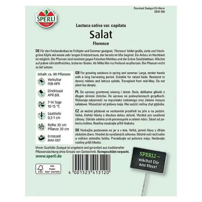 Sperli Salatsamen Salat - Lactuca sativa var. capitata, Erntezeit: Mai - Rückansicht