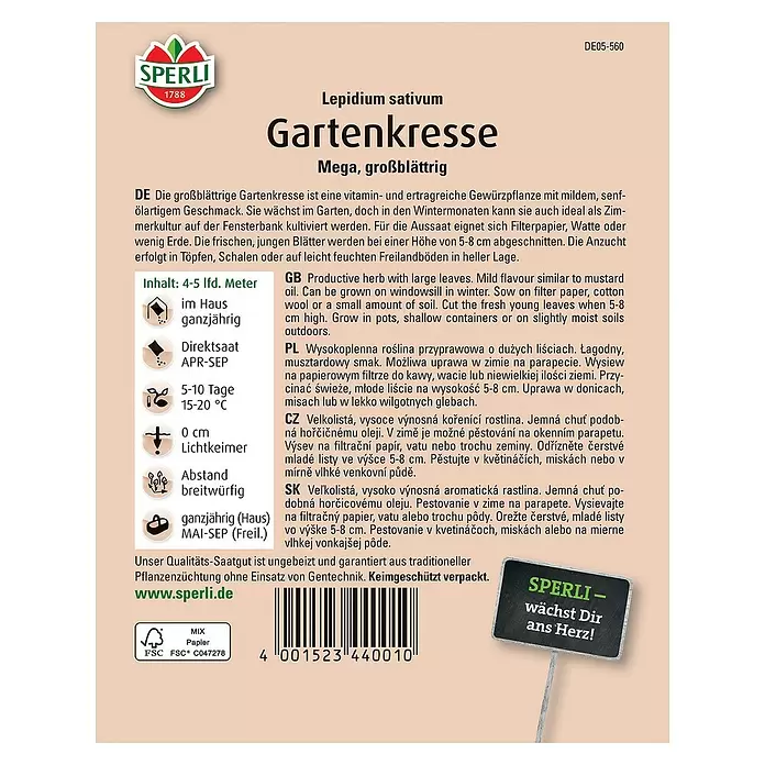 Sperli Saatgut Gartenkresse - Lepidium sativum - Rückansicht