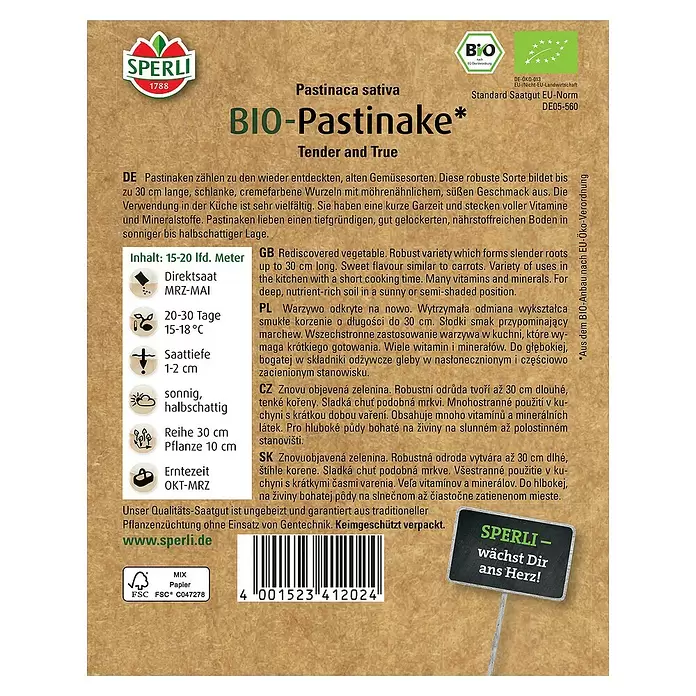 Sperli Gemüsesamen BIO Pastinake - Pastinaca sativa, Erntezeit: Oktober - Rückansicht