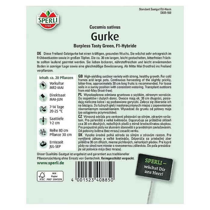 Sperli Gemüsesamen Salatgurke - Tasty Green F1, Cucumis sativus, Erntezeit: Juli - Rückansicht