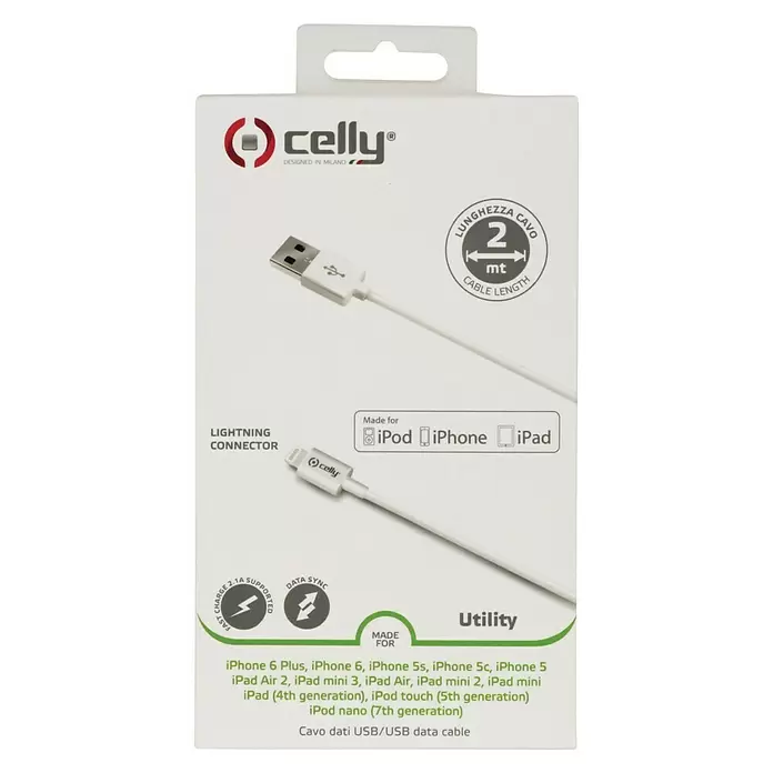 Celly Datakabel IPhone 5/5S/5C - 200 cm, Wit - Vooraanzicht