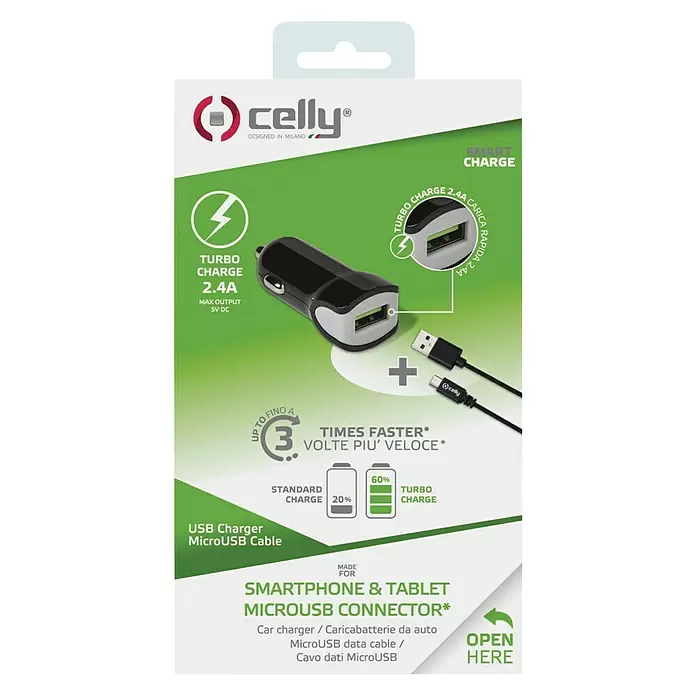 Celly USB-autolader 2.4A & Micro-USB - Zwart - Vooraanzicht