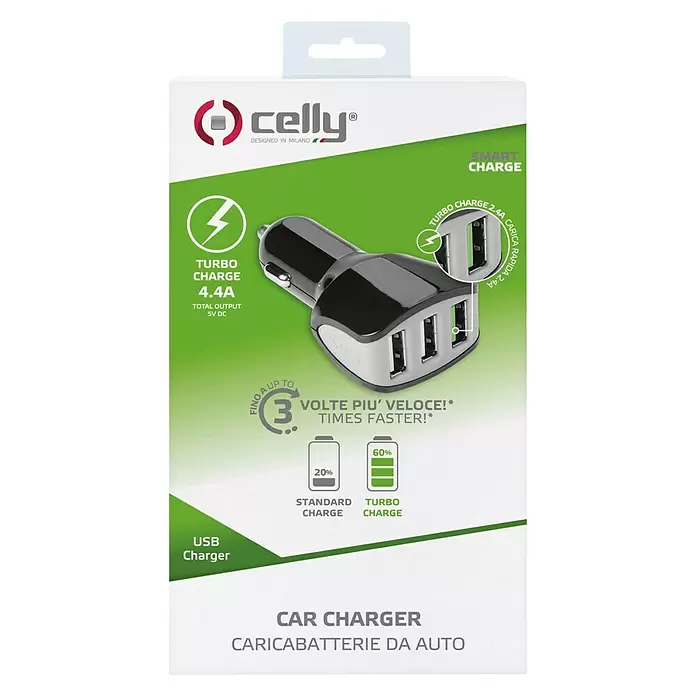 Celly USB-autolader 3 4.4A - Zwart - Vooraanzicht