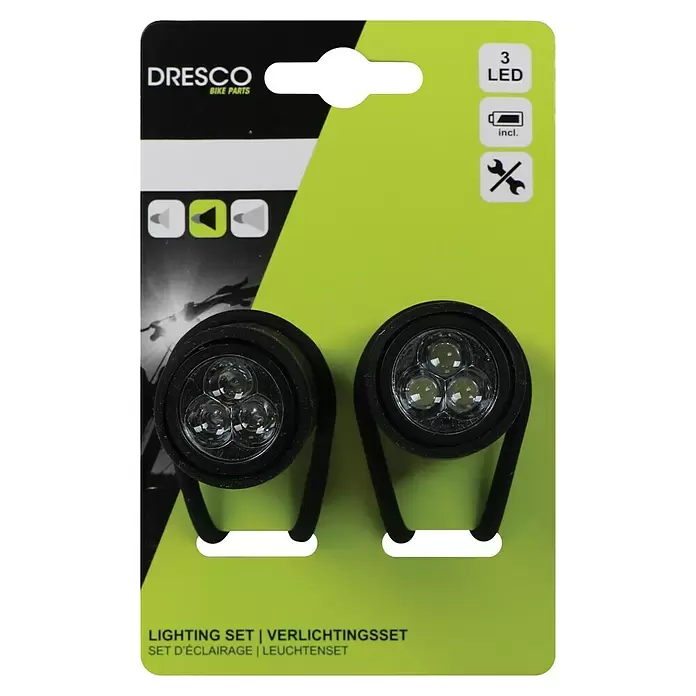 Dresco Fietsverlichtingsset Siliconen 3 LED’s - Led, Zwart/Rood/Wit - Vooraanzicht