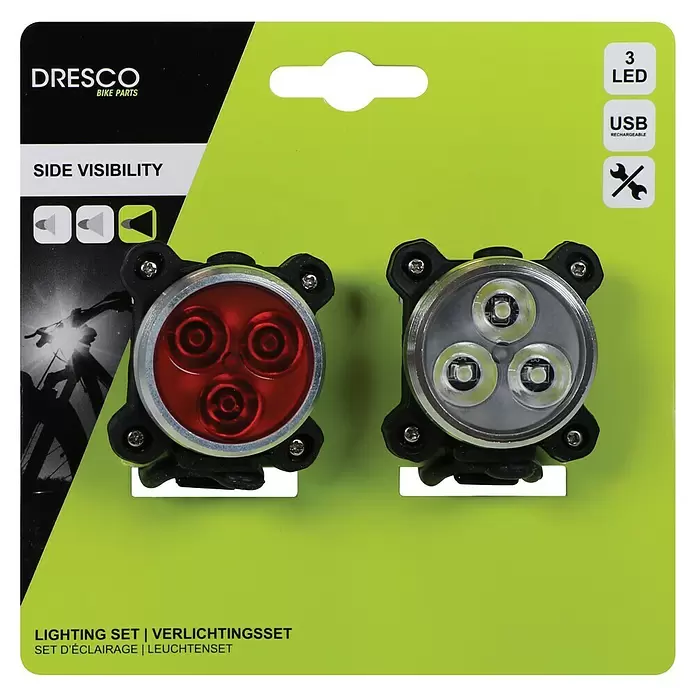 Dresco Fietsverlichtingsset USB 3 LED’s - Led, Zwart/Rood/Wit - Vooraanzicht