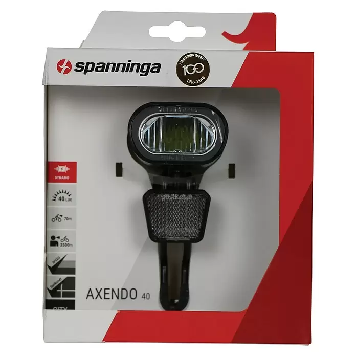 Spanninga Ledvoorlicht Dynamo Axendo 40 - Zwart, Geschikt voor: Fietsen - Vooraanzicht