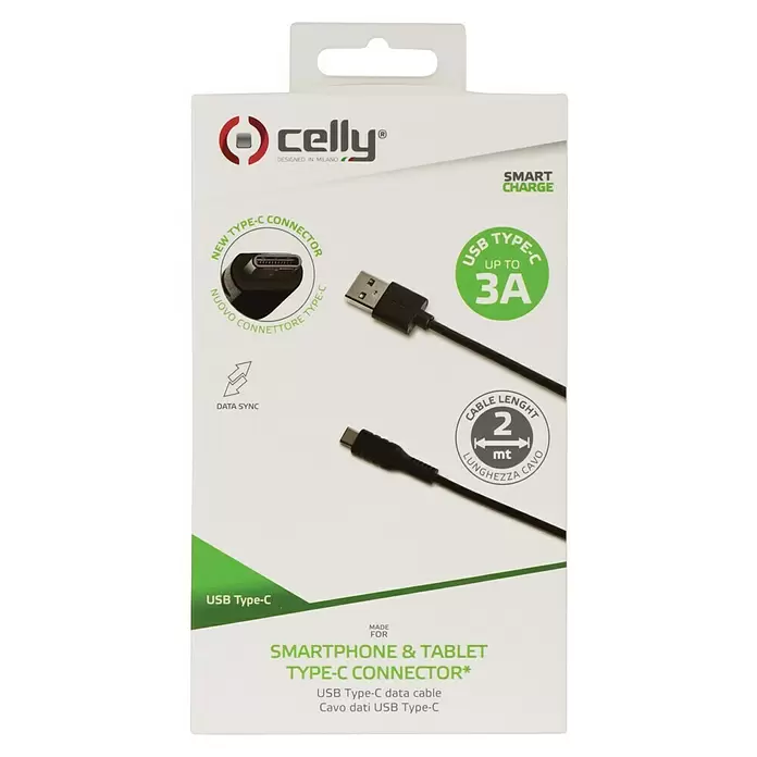 Celly Datakabel USB-C - 200 cm, Zwart - Vooraanzicht