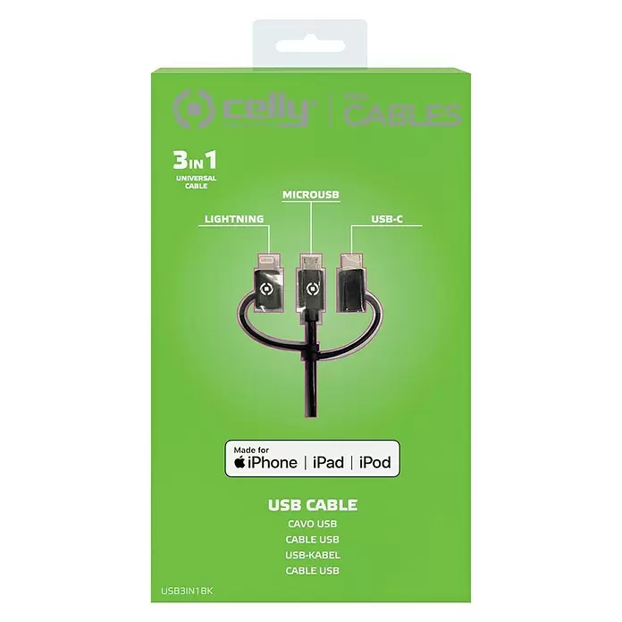 Celly USB-kabel 3 in 1 - 100 cm, Zwart - Vooraanzicht