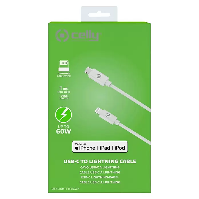 Celly USB-kabel C Lightning - 100 cm, Wit - Vooraanzicht