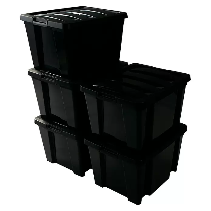 Caja con cierres de clip Ecobox - L x An x Al: 39,6 x 37,8 x 18,5 cm, Negro, Capacidad: 30 l, Con tapa - Vista angular