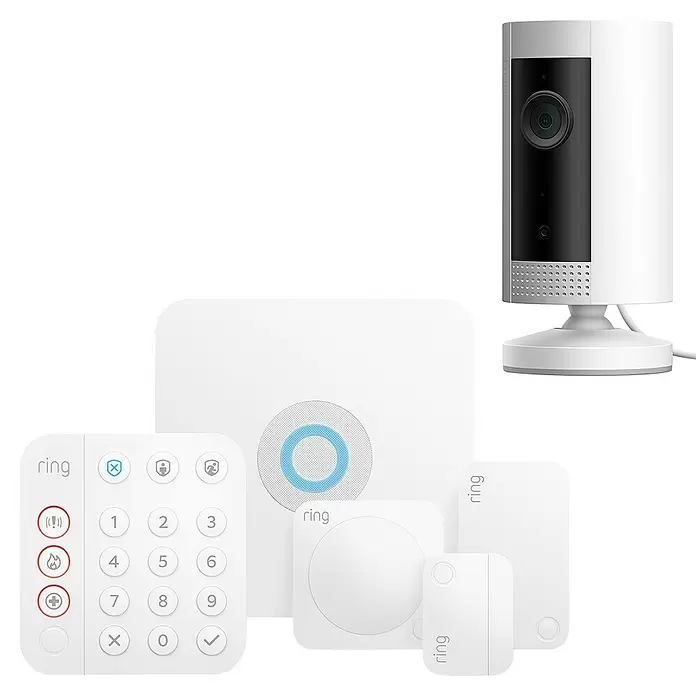 Ring Alarm Set Sicherheit Starter-Paket 5-teilig & Indoor Cam - Weiß - Diagonale Ansicht