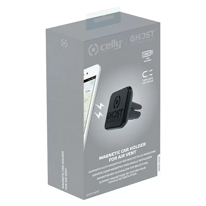 Celly Telefoonhouder Magnetisch Ghost Vent - Kunststof, Zwart, Geschikt voor: Auto's - Diagonaal zicht