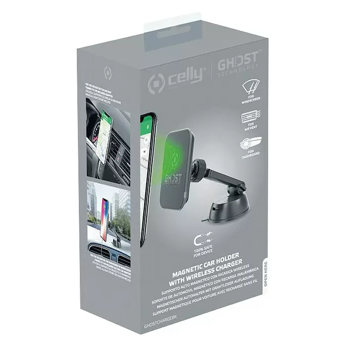 Celly Telefoonhouder Magnetisch Ghost + Draadloze Lader - Kunststof, Zwart, Geschikt voor: Auto's - Diagonaal zicht