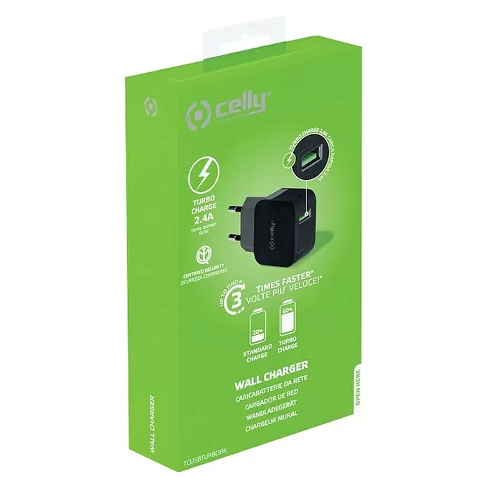 Celly USB-adapter Turbo 1 2.4A - Zwart - Diagonaal zicht