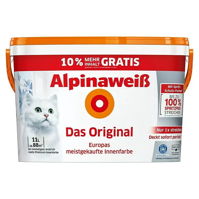 Alpina Alpinaweiß Wandfarbe Das Original - Weiß, 11 l, Matt, Konservierungsmittelfrei - Vorderansicht