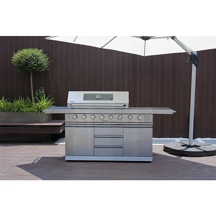 Buschbeck Outdoorküche Bristol - L x B x H: 214,8 x 64,5 x 119 cm, Edelstahl, Hauptgrillfläche: 96 x 45,5 cm, Anzahl Brenner: 8 - Stimmungsaufnahme